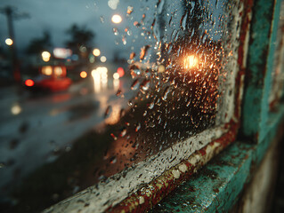 a rainy night scene with raindrops on a window pane. The street is wet with reflections of streetlights and a parked car under the rain.
