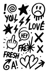 Grunge doodle elements with skull, hearts, arrows, and expressive handwritten words, Transparent Background