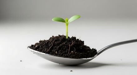 Seedling sprouting from spoon with soil symbolizing natural nutrition and growth