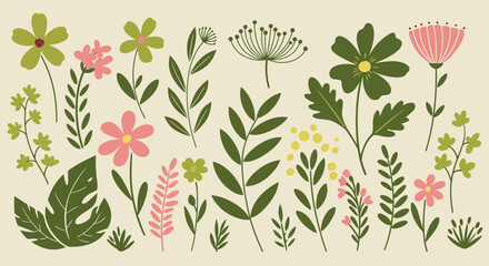 Botanical Illustration of Various Floral Elements and Foliage on a Cream Background