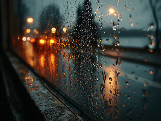 a rainy night scene with raindrops on a window pane. The street is wet with reflections of streetlights and a parked car under the rain.