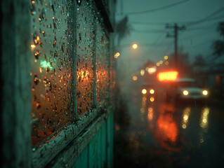 a rainy night scene with raindrops on a window pane. The street is wet with reflections of streetlights and a parked car under the rain.