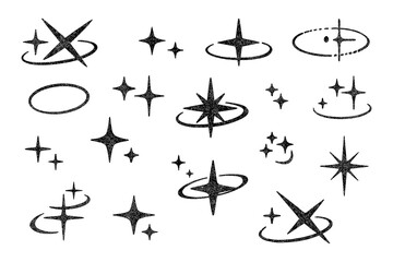 Sparkle and orbit logo icons in black silhouette style for futuristic branding, Transparent Background