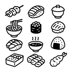 Hand drawn food and drink icons in black outline style, Transparent Background