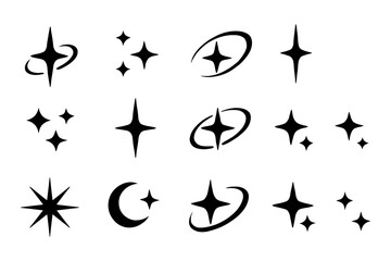 Sparkle and orbit logo icons in black silhouette style for futuristic branding, Transparent Background © FriskySloths