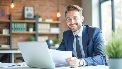 Fototapeta premium A businessman works in an office with documents and a laptop