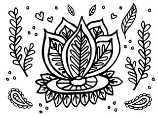 Vector Hand Drawn Floral Coloring Page for Kids and Adults. Doodle linear design with Leaves, Hearts, and Cute Elements. Black and White Line Art for Printable, Coloring Book, Anti-Stress activity