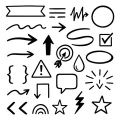 Hand-drawn doodle style arrows, shapes, and sketch symbols set, Transparent Background