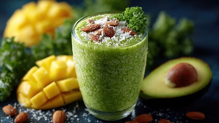 Healthy Green Smoothie with Mango, Kale and Avocado