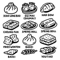 Hand drawn food and drink icons in black outline style, Transparent Background