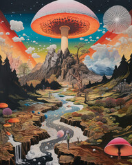 Fantasy mushroom landscape with psychedelic river and alien explorers, AI generated.