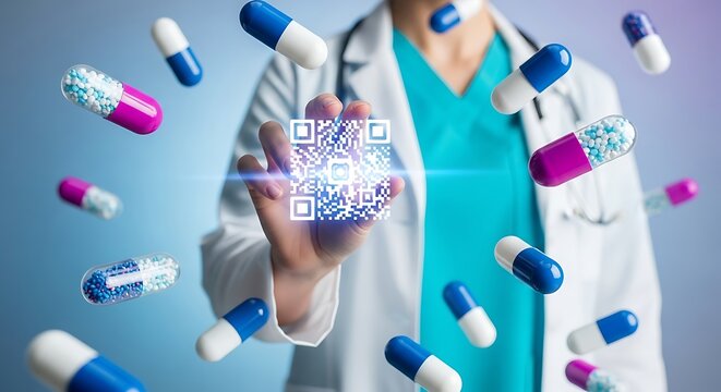 Doctor scanning qr code surrounded by pills - Powered by Adobe
