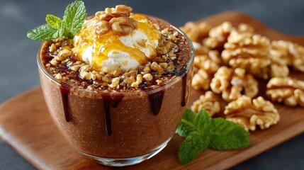 Delicious Date Smoothie Topped with Ice Cream and Walnuts