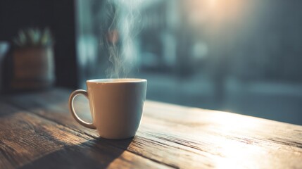 Obraz premium Hot coffee cup resting on weathered wooden surface, radiating warmth in golden morning glow
