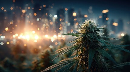 Cannabis Bud: Medical Marijuana with City Bokeh Background
