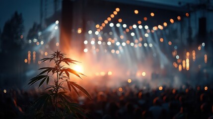 Cannabis Concert Crowd with Lights and Smoke
