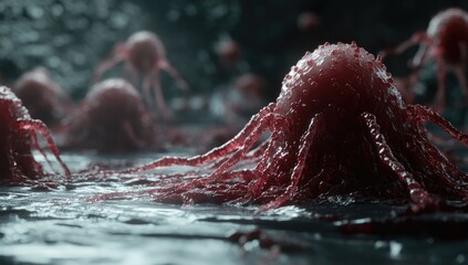 Cluster of vibrant, red, spiky cells