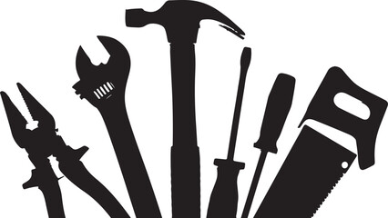 Black silhouette of various hand tools hammer pliers