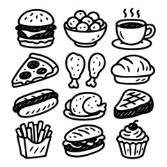 Hand drawn fast food and drink icons in black outline style, Transparent Background
