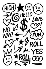 Doodle speech bubbles, symbols and playful text in hand-drawn style, Transparent Background