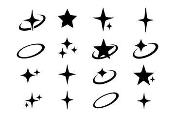 Sparkle and orbit logo icons in black silhouette style for futuristic branding, Transparent Background
