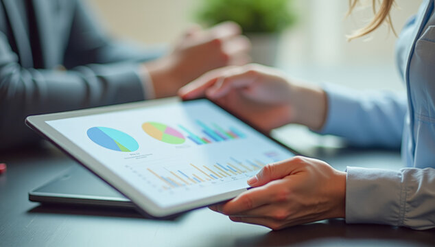 The tablet in the hands of a businessman is a close-up of financial reporting charts