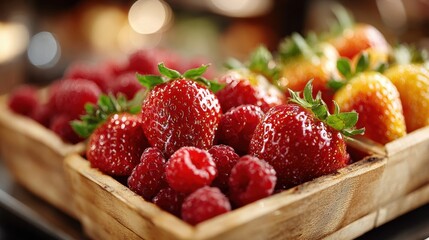 Fresh Strawberries and Raspberries in Wooden Tray