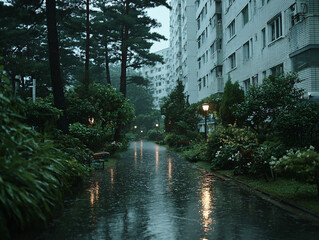 rainy day in a dense urban area, with tall buildings and a well-maintained garden pathway. The wet path reflects the light from nearby lamps, and various plants and flowers adorn the garden area.