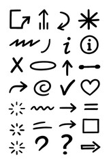 Hand-drawn doodle style arrows, shapes, and sketch symbols set, Transparent Background