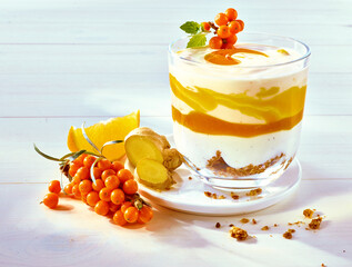 Ingwer Orange Sandorn Dessert auf hellem Holzfond 