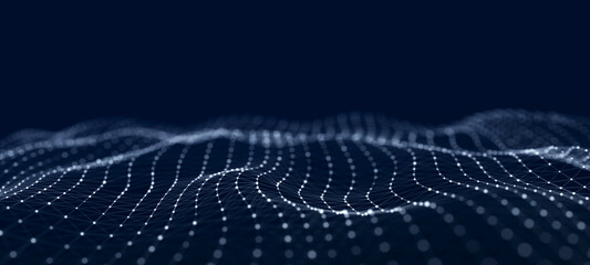 Big data visualization. The musical stream of sounds. Abstract background with interweaving of dots . 3D rendering.