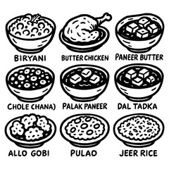 Hand-drawn Indian food icon set featuring gulab jamun, jalebi, barfi, pakora, curry, and more, Transparent Background