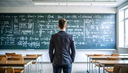 Businessman facing chalkboard in classroom