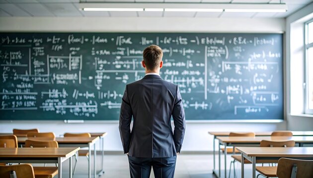 Businessman facing chalkboard in classroom