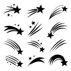 Shooting star silhouette icon set with dynamic trails and sparkles in black, Transparent Background