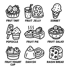 Hand-drawn dessert and pastry icon set including pie, donuts, and cupcakes, Transparent Background