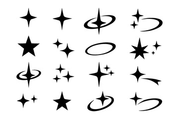 Sparkle and orbit logo icons in black silhouette style for futuristic branding, Transparent Background