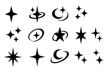 Sparkle and orbit logo icons in black silhouette style for futuristic branding, Transparent Background © FriskySloths
