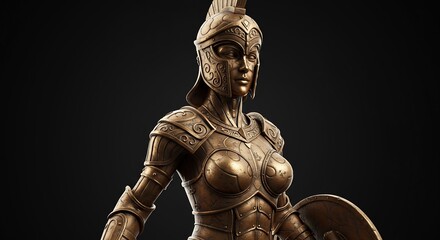 Detailed bronze statue of a classical female warrior adorned in elaborate armor set against a dark background