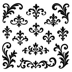 Hand-drawn fleur-de-lis symbol variations in black outline sketch style, Transparent Background
