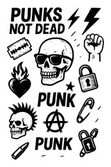 Punk not dead grunge style illustration with skulls, flames, safety pin, and rebellion symbols, Transparent Background