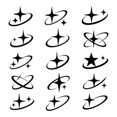 Sparkle and orbit logo icons in black silhouette style for futuristic branding, Transparent Background