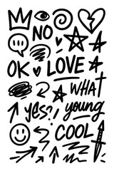 Grunge doodle elements with skull, hearts, arrows, and expressive handwritten words, Transparent Background