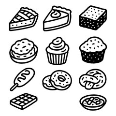 Hand-drawn dessert and pastry icon set including pie, donuts, and cupcakes, Transparent Background