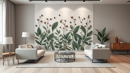 Elegant living space with botanical wall and geometric furniture, highlighting modern home aesthetics and texture.