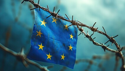 European flag hangs limply from rusty barbed wire fence