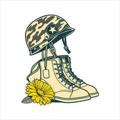 Military helmet and boots with a yellow flower memorial symbol