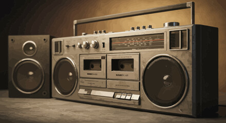 Obraz premium Nostalgic Vibes: A Close-Up of a Vintage Boombox with Speaker on a Textured Surface