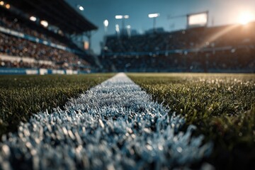 Green Soccer Field Center Line Close Up View With Blurred Stadium Background