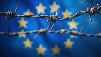 Rusty barbed wire fence against a blurred EU flag
